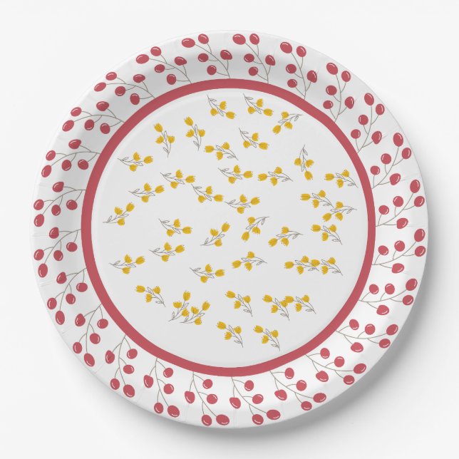 Cherry and Yellow Flower Floral Design Paper Plate (Front)