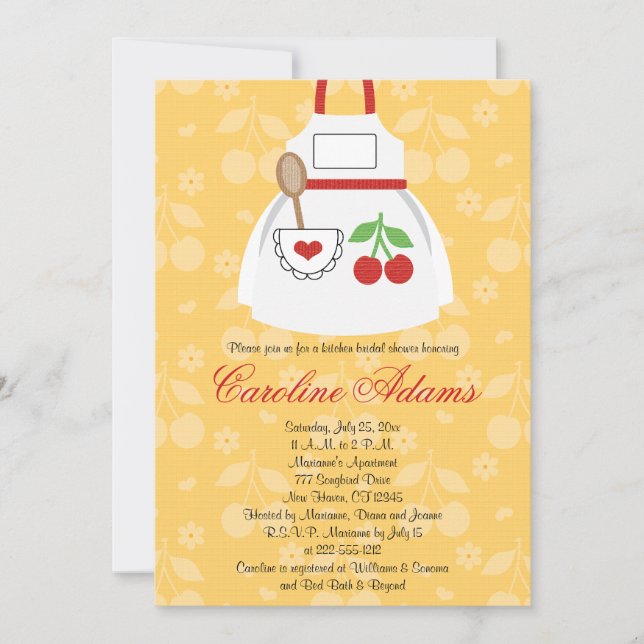 Cherry Apron Bridal Shower Invitation Yellow and R (Front)