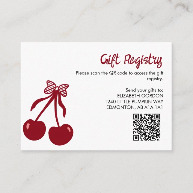 Cherry Baby Shower Gift Registry QR Code Sweet Bow Enclosure Card (Front)