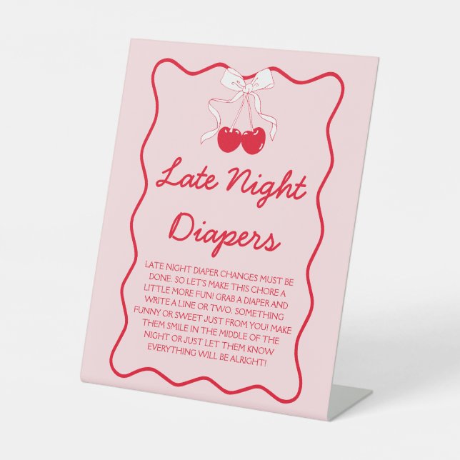 Cherry Baby Shower Late Night Diapers Game Pedestal Sign (Front)