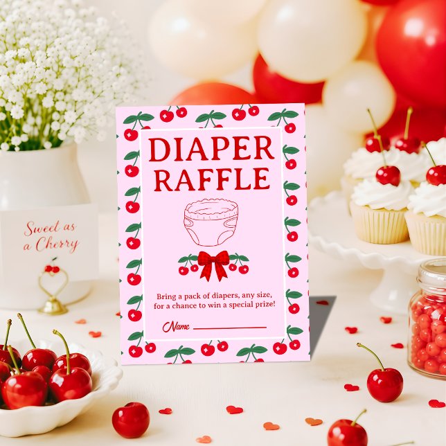 Cherry Baby Shower Red Gingham Bow Diaper Raffle Enclosure Card (Creator Uploaded)
