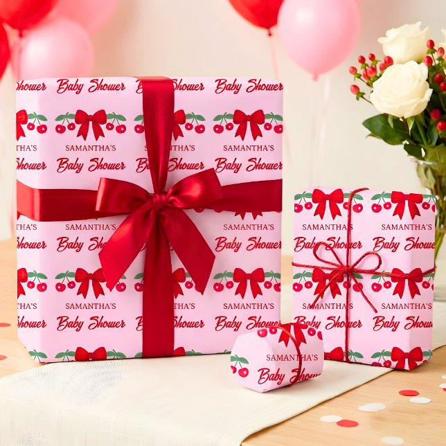 Cherry Baby Shower Red Gingham Bow  Wrapping Paper (Creator Uploaded)