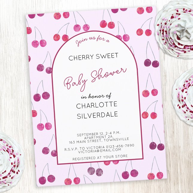 Cherry Baby shower rose Invitation (Watercolor cherry sweet pink personalized custom text baby shower invitation postcard)