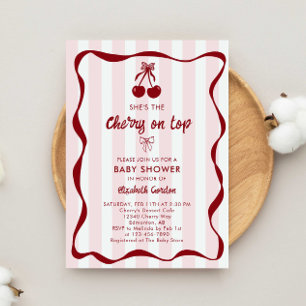 Cherry Baby Shower Sweet Pink Stripes Cute Bow Invitation