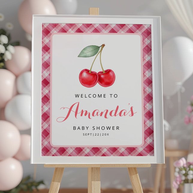 Cherry Baby Shower Welcome Sign with Pink Gingham (Cherry Welcome Sign)