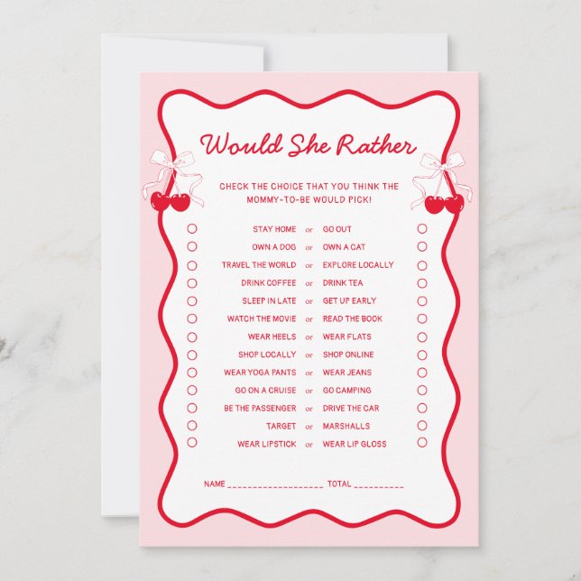 Cherry Baby Shower Would She Rather Game Card (Front)