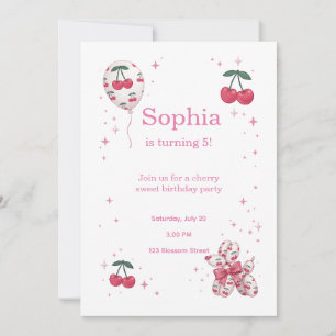 Cherry Balloon Birthday Invitation Coquette Pink