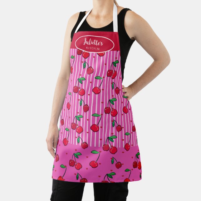 Cherry Berries Heart Pattern Pink Red Stripe Name Apron (Insitu)