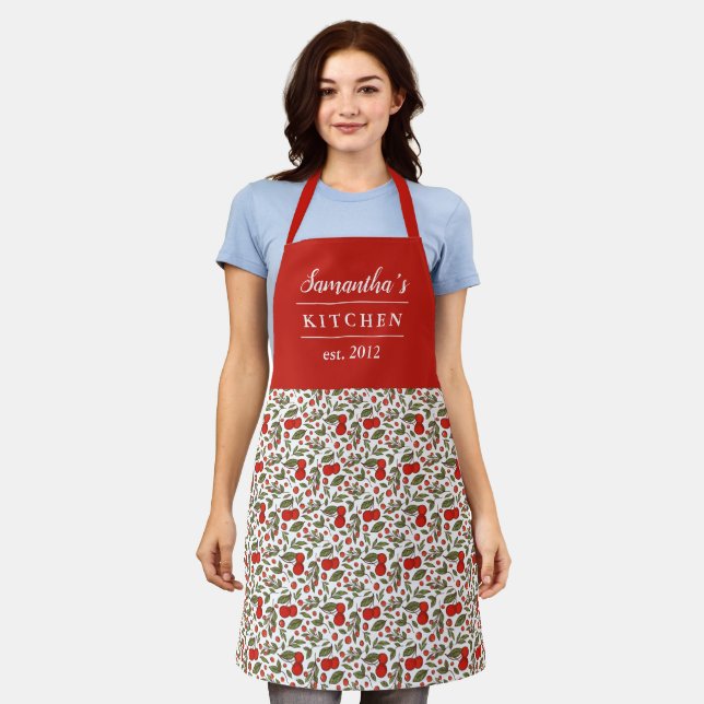 Cherry Berries Pattern Pretty Modern Red Name Apron (Worn)