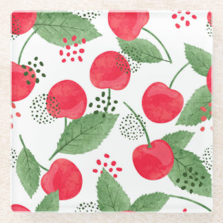 Cherry Berries Vintage, Watercolor Seamless. Glass Coaster