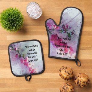 Cherry Blooms Branch and Scripture Kitchen  Oven Mitt & Pot Holder Set