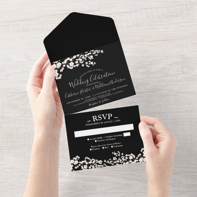 Cherry Blossom All-in-One Black Event Invitation (Déchirure)