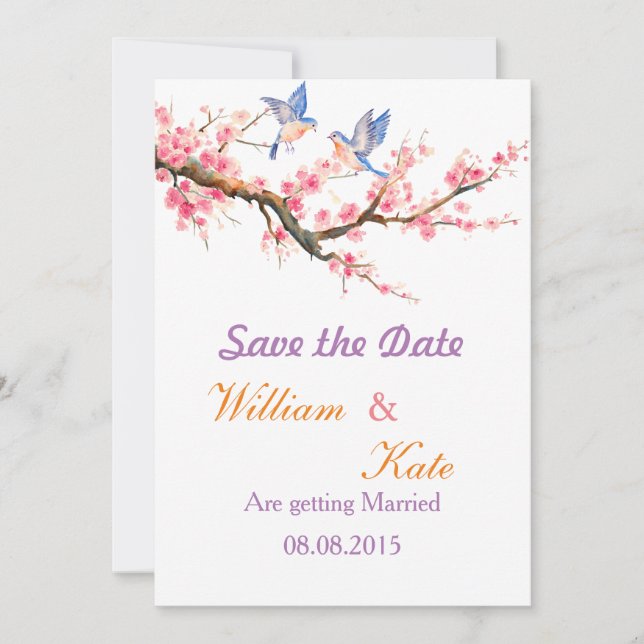 Cherry Blossom and Blue Birds Save the Date (Front)