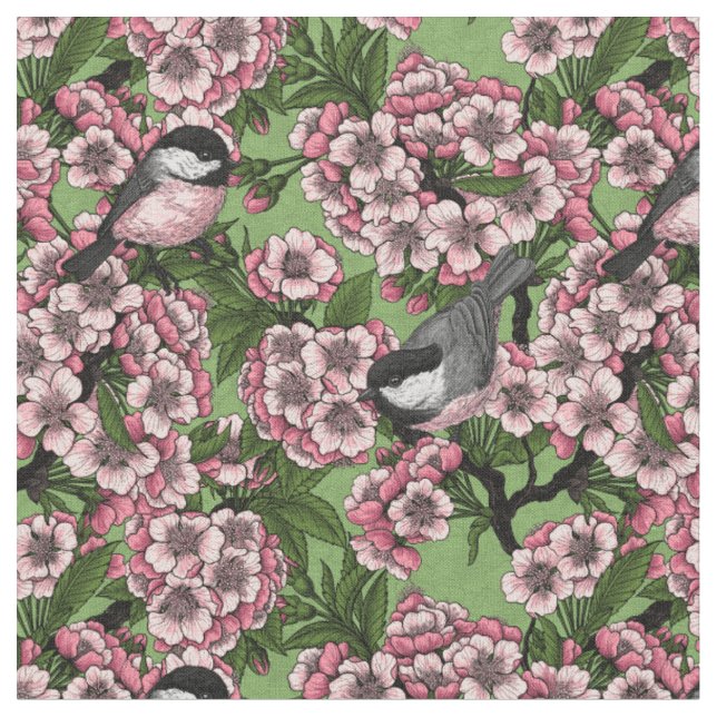 Cherry blossom and chickadees on green fabric (Close Up)