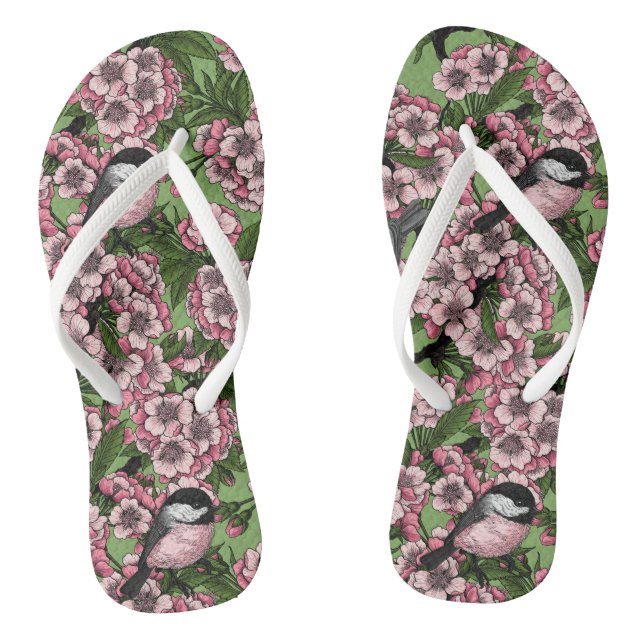 Cherry blossom and chickadees on green flip flops (Footbed)