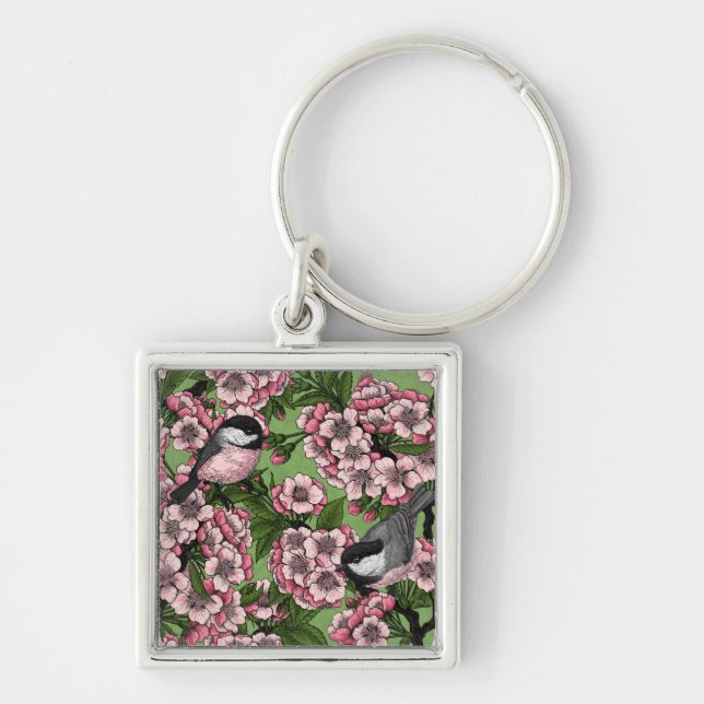 Cherry blossom and chickadees on green keychain (Front)