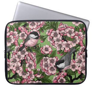 Cherry blossom and chickadees on green laptop sleeve