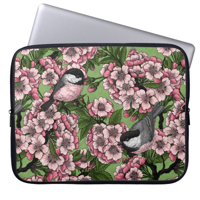 Cherry blossom and chickadees on green laptop sleeve (Front)