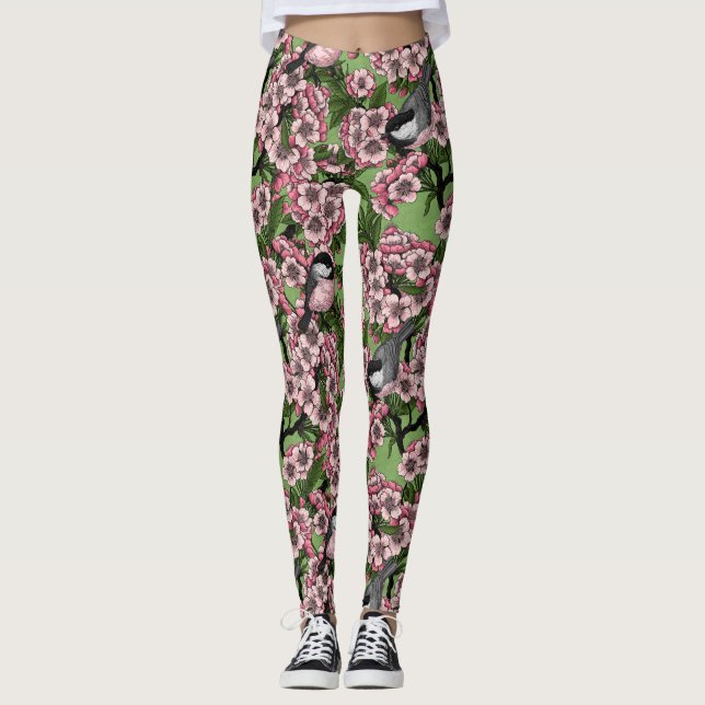 Cherry blossom and chickadees on green leggings (Front)