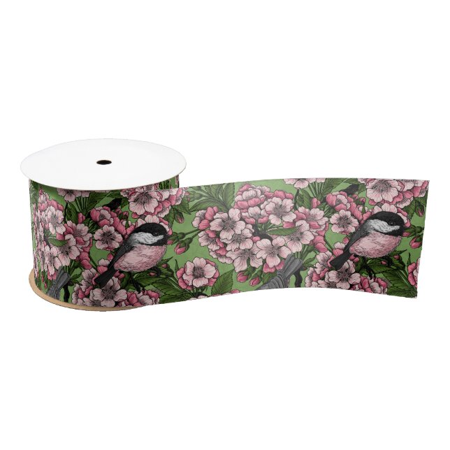 Cherry blossom and chickadees on green satin ribbon (Spool)