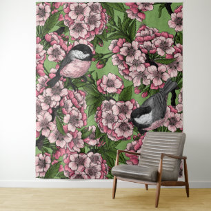 Cherry blossom and chickadees on green tapestry