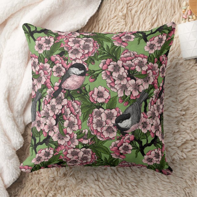 Cherry blossom and chickadees on green throw pillow (Blanket)