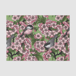 Cherry blossom and chickadees on green tissue paper