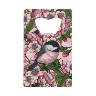 Cherry blossom and chickadees on pink credit card bottle opener