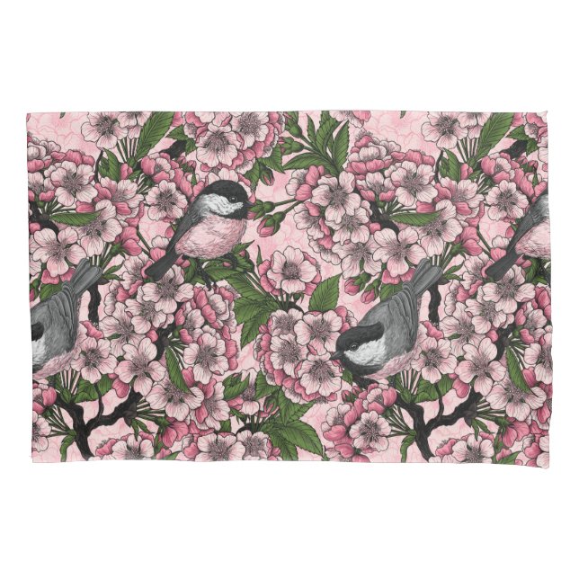 Cherry blossom and chickadees on pink pillowcase (Front)