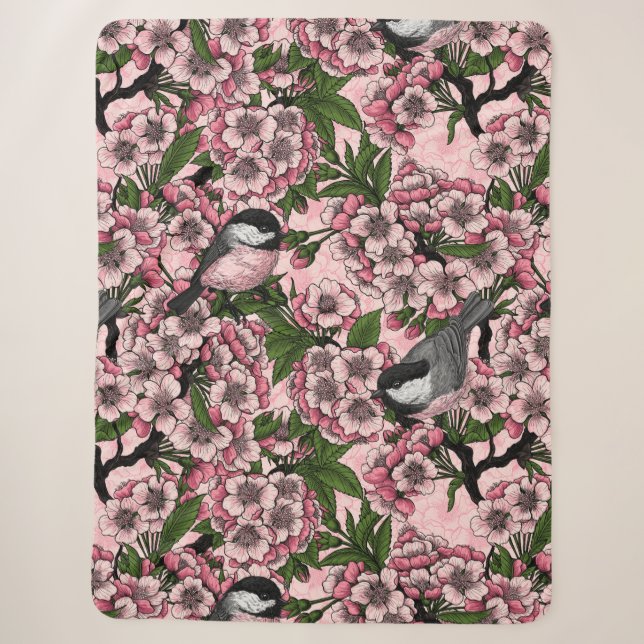 Cherry blossom and chickadees on pink sherpa blanket (Front)