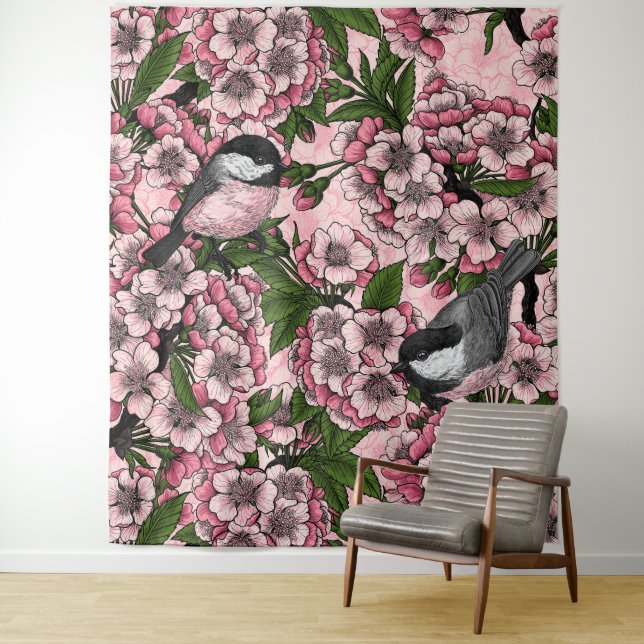 Cherry blossom and chickadees on pink tapestry (In Situ)