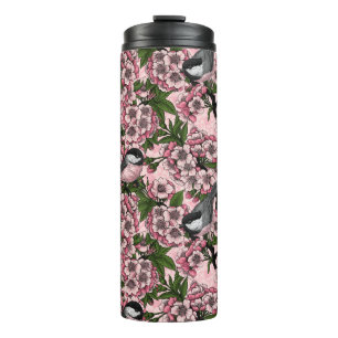 Cherry blossom and chickadees on pink thermal tumbler