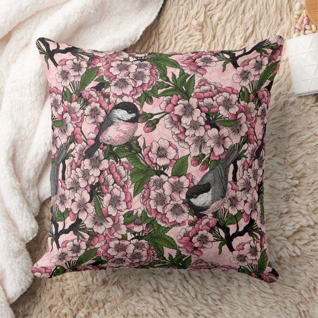 Cherry blossom and chickadees on pink throw pillow (Blanket)