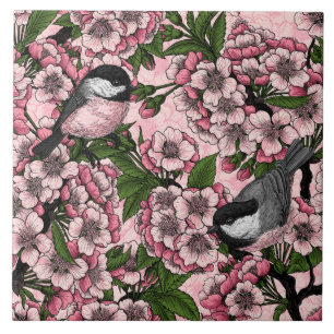 Cherry blossom and chickadees on pink tile