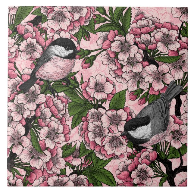 Cherry blossom and chickadees on pink tile (Front)