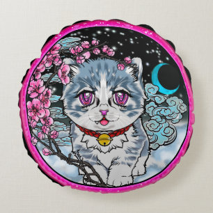 cherry blossom anime snow kitty round pillow