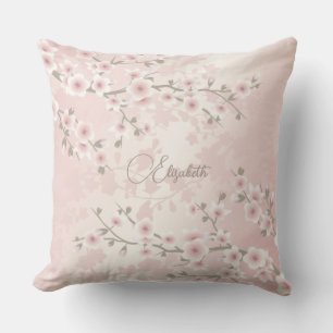 Cherry Blossom Apricot Vintage Floral Monogram Outdoor Pillow