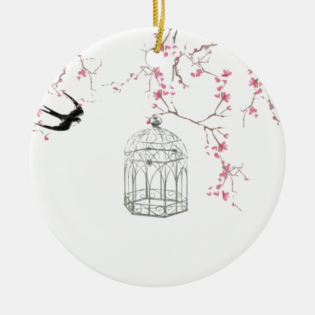 Cherry blossom, bird, birdcage - original, stylish ceramic ornament (Front)