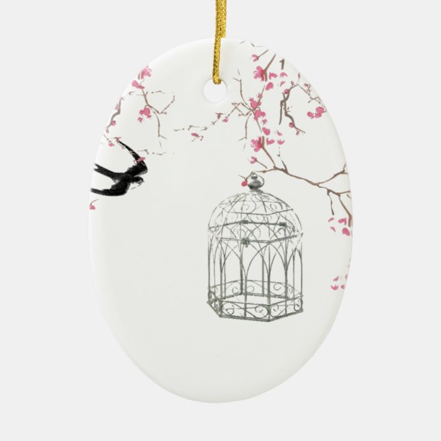 Cherry blossom, bird, birdcage - original, stylish ceramic ornament (Front)