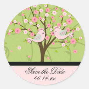 Cherry Blossom Birds Save the Date Round Stickers