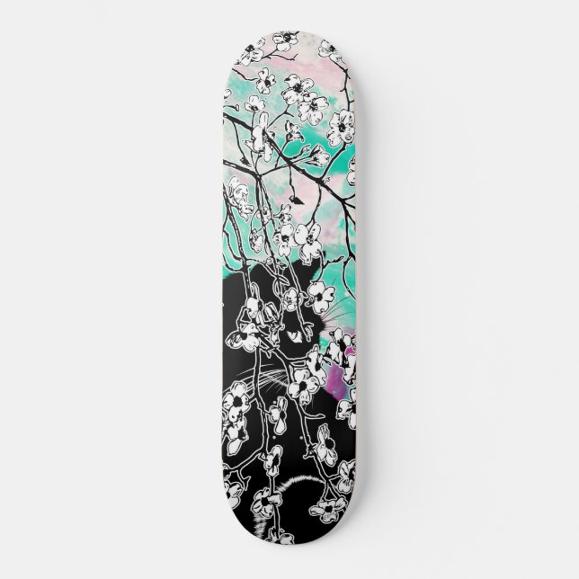 Cherry Blossom Black Cat Floral Green Pink Sky Skateboard (Front)