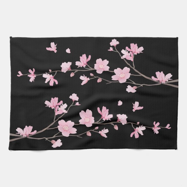 Cherry Blossom - Black Kitchen Towel (Horizontal)