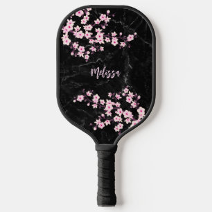 Cherry Blossom Black Marble Monogram Pickleball Paddle