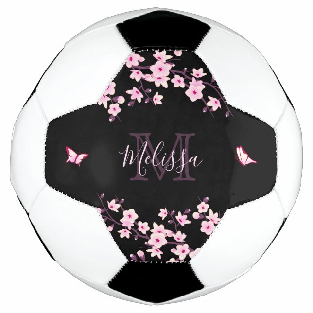 Cherry Blossom Black Pink Your Name Monogram Soccer Ball (Front)