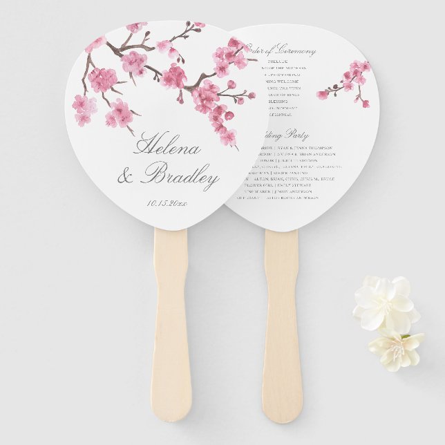 Cherry Blossom Bloom | Pink | Wedding Program Hand Fan (Front and Back)