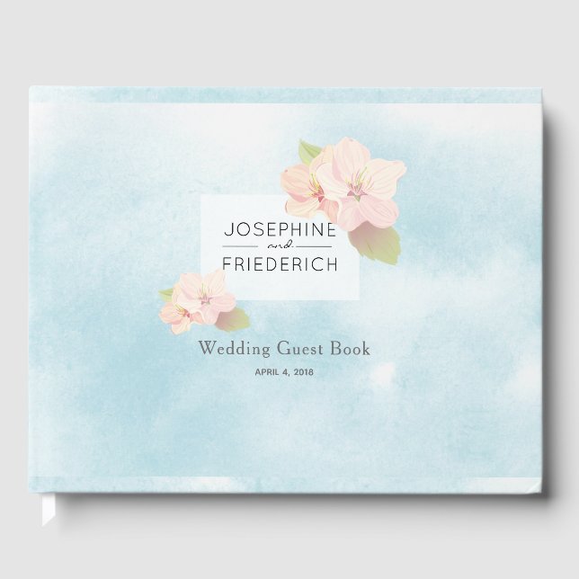 Cherry Blossom Blue Aquarelle Mariage Livre d'hôte (Recto)