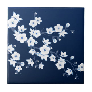 Cherry Blossom Blue White Tile