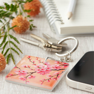 Cherry Blossom Branches Art – Elegant Pink Sakura  Keychain