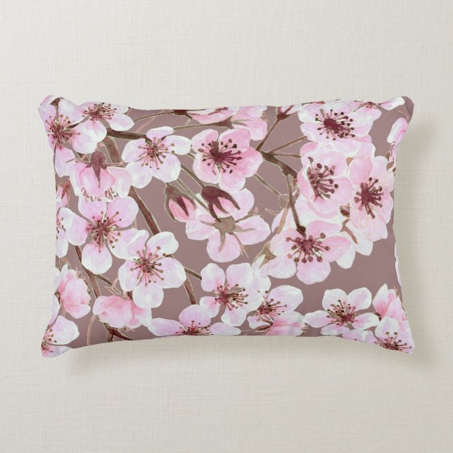 Cherry Blossom Branches Watercolor Pattern Accent Pillow (Front)
