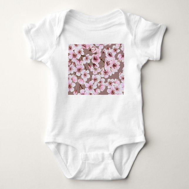 Cherry Blossom Branches Watercolor Pattern Baby Bodysuit (Front)